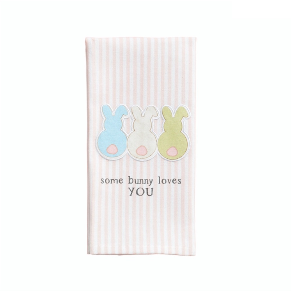 NWT Mud Pie kitchen decorative towel – pink “Three Bunnies Patch Towel”